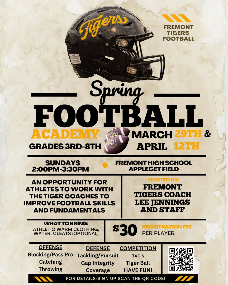🐯🏈 The 5th Annual Tiger Youth Football Academy is HERE!
Future Tigers — it’s your time!
📍 Learn fundamentals
🔥 Compete. Improve. Have fun.
💪 Train with the FHS Coaching Staff
Confidence is built
Work ethic starts
Future Friday night lights begin!
forms.gle/woQWWcs5YnCQEY…