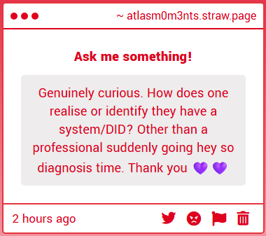 atlasm0m3nts's tweet photo. uhhh for us it just kind of happened. i knew about systems for a long time and kept repeatedly getting hyperfixated on the idea and then this recent time where i was like "wow so cool..." i also started roleplaying and over time realized that i was not playing a character lol https://t.co/rjikzHaYXI