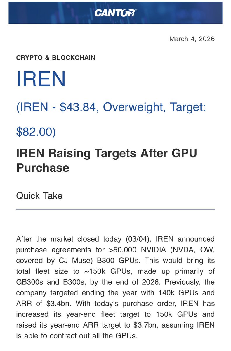 New Cantor note: IREN Raising Targets after GPU Purchase