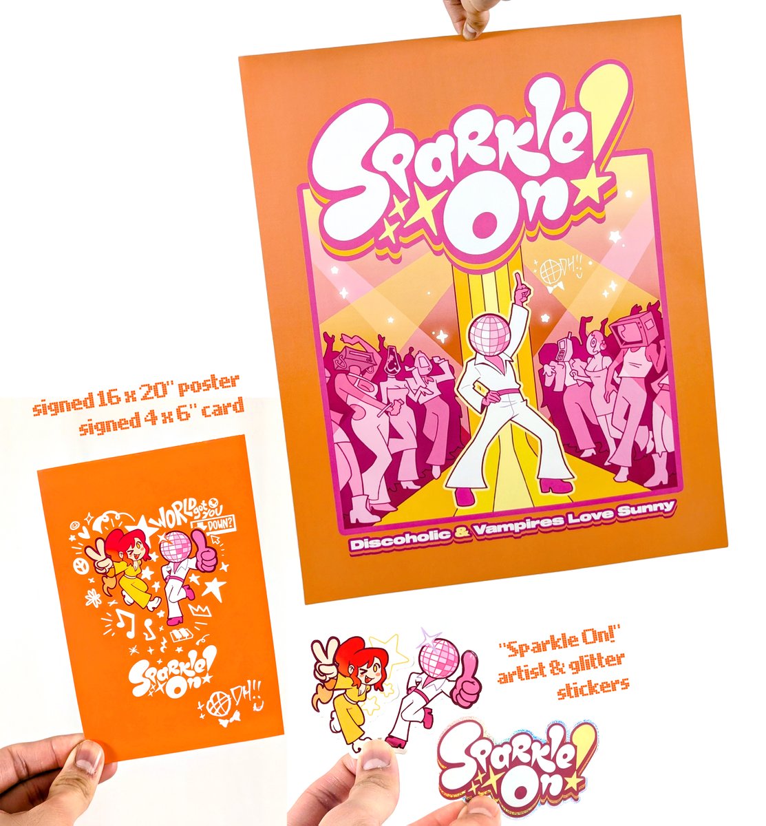 discoholicmusic's tweet photo. “Sparkle On!” drops Friday 3/6… &amp; so do tees + signed posters! 

👕 Both $3 off (Friday only)
💌 Free signed card w/ tees
✨ Free “Sparkle On!” sticker(s) &amp; digital single w/ tees + posters
🤑+10% off for Twitch subs in the Discord (Friday only) https://t.co/EiwXmQrLd0