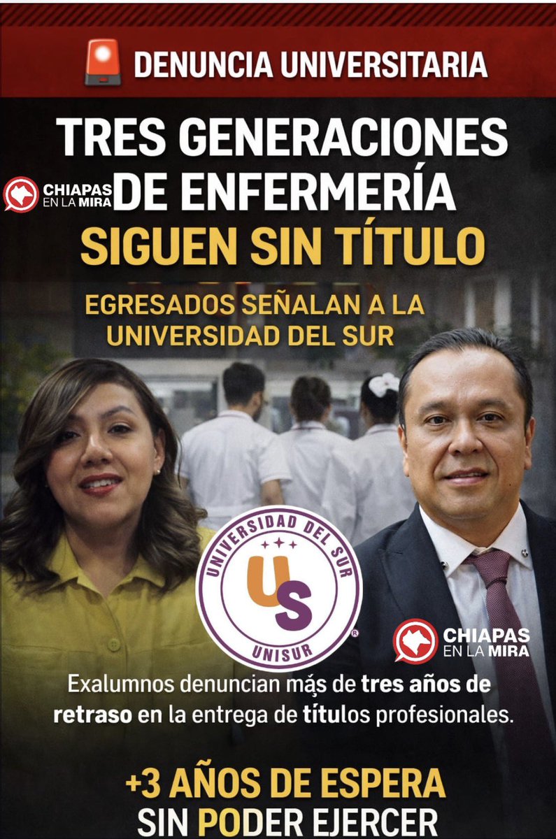 🎓⚠️ EGRESADOS DE ENFERMERÍA DENUNCIAN MÁS DE 3 AÑOS SIN TÍTULO EN LA UNIVERSIDAD DEL SUR

Según testimonios, al menos tres generaciones egresadas desde 2021 siguen sin recibir el documento necesario
