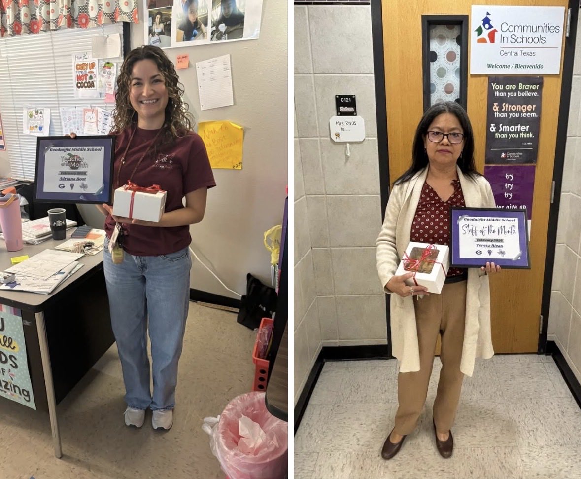 GoodnightSMCISD's tweet photo. Congrats to our Teacher (Ms. Bost) and Staff (Ms. Rivas) of the Month for February!!! We appreciate all you do! https://t.co/qkUmql826Y