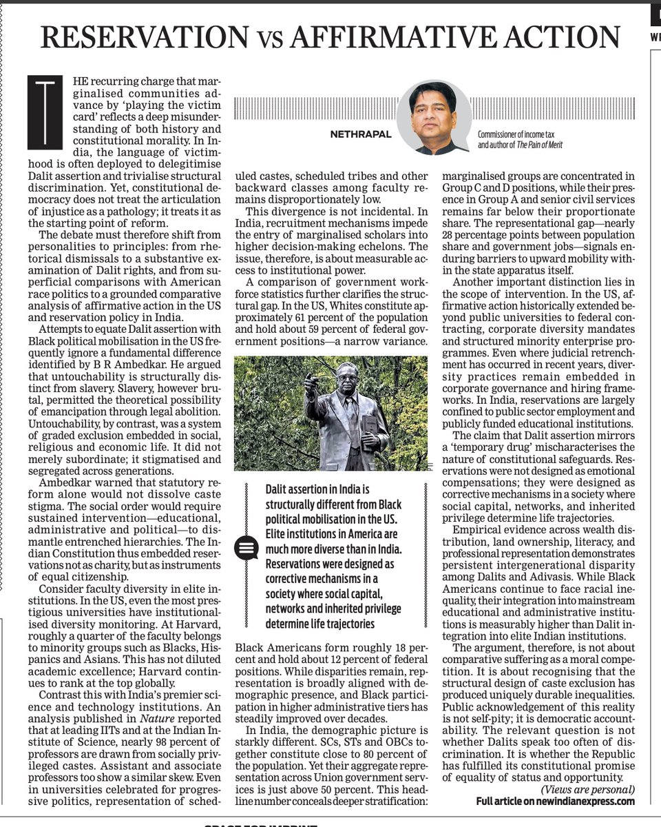 Reservation vs affirmative action
Dalit assertion in India is different from Black political mobilisation in the US. For one, the faculty of elite institutions in America are much more diverse than in India. Reservations were designed as corrective mechanisms in a society where