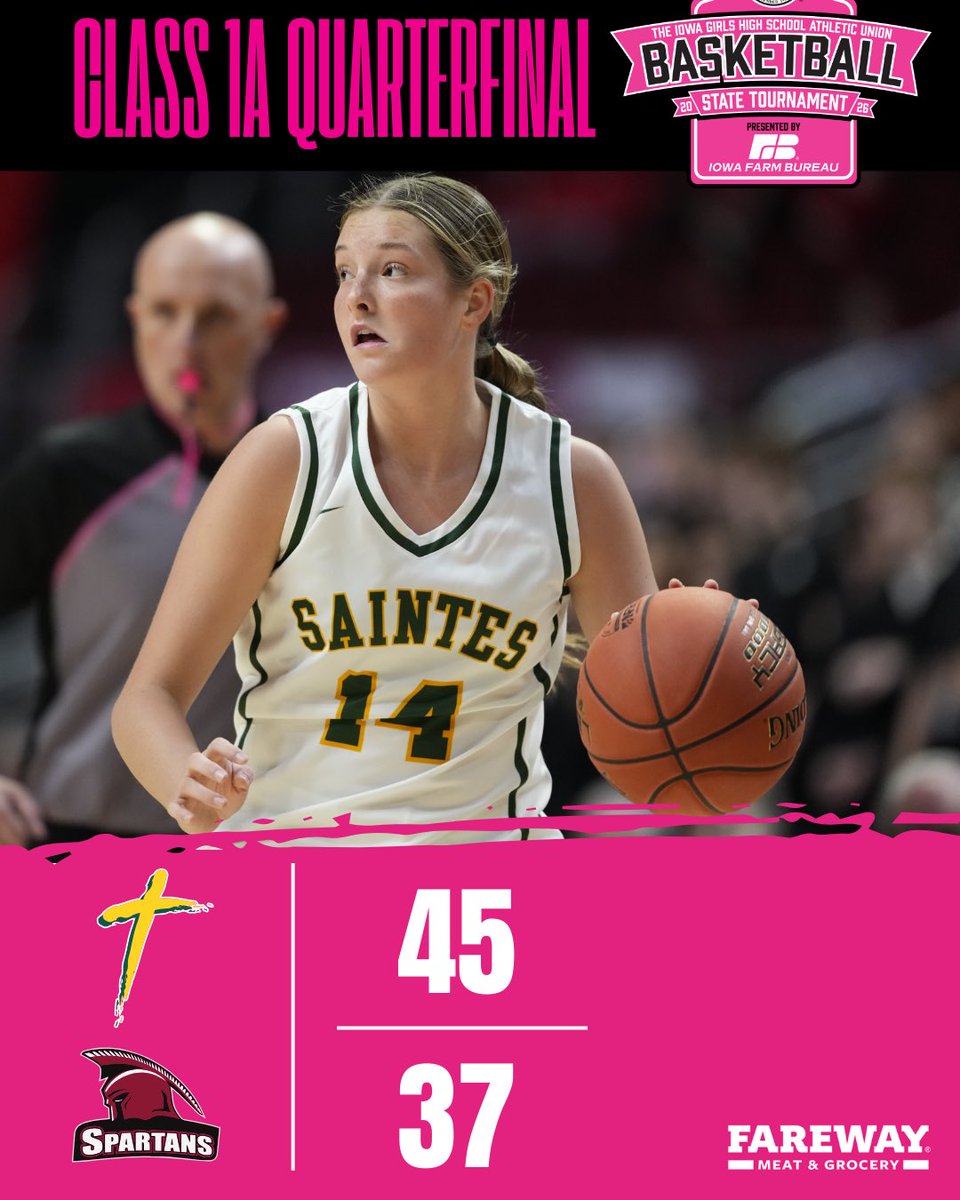 IGHSAU's tweet photo. 𝐒𝐀𝐈𝐍𝐓𝐄𝐒 𝐖𝐈𝐍 🏀💪

#3 St. Albert defeats #6 Exira-EHK 45 - 37 to advance to the Class 1A semifinal game on Friday, March 6 at 3:15pm. The Saintes will play Newell-Fonda. 

2026 State Basketball Tournament presented by @iowafarmbureau 

Final score brought to you by @Fareway_Stores 

#IGHSAU #IowaGirl #StateBasketball