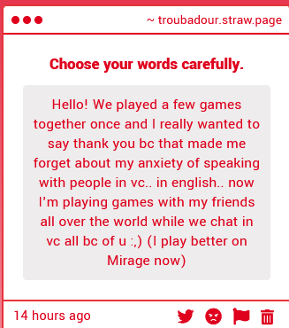 Tears in my eyes right now. I'm so glad I could provide you with the confidence to step out of your comfort zone. Please DM me here or on Discord so I can thank you personally.
