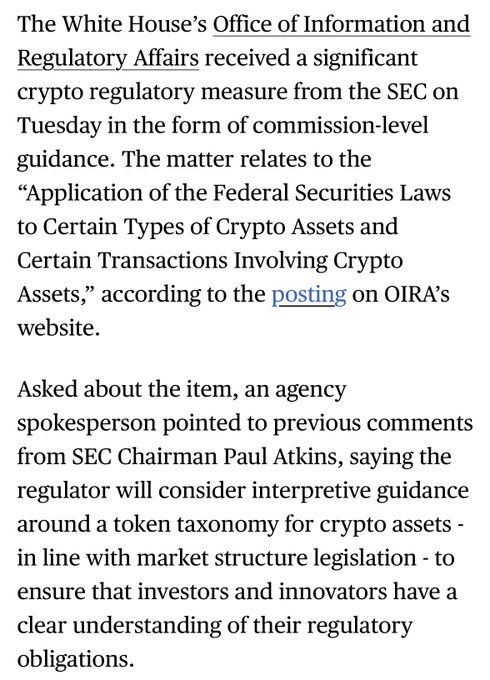 HUGE: The SEC just submitted a proposal that could move Crypto one step closer to Clarity.

The proposal explains how U.S. securities laws apply to certain crypto assets and transactions.

The SEC is effectively saying it won’t “wait around” for Congress - the agency believes it