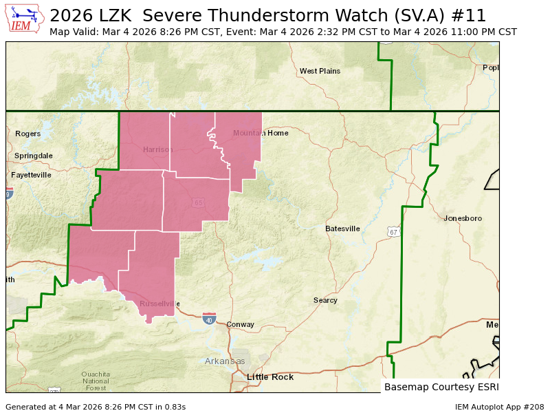 LZK extends time of Severe Thunderstorm Watch for Baxter, Boone, Johnson, Marion, Newton, Pope, Searcy [AR] till Mar 4, 11:00 PM CST mesonet.agron.iastate.edu/vtec/f/2026-O-…