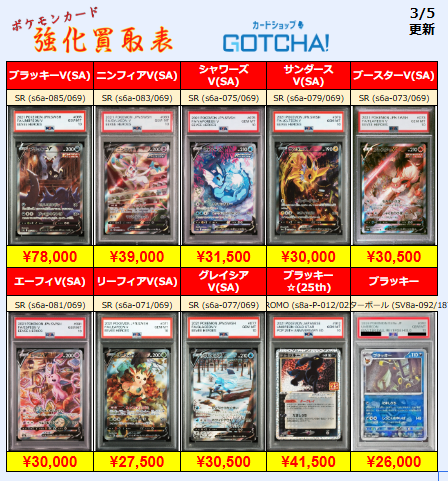 3/5更新 ⚡🔥【PSA強化買取表②】🔥⚡ 💥【PSA10】ブラッキーV(SA