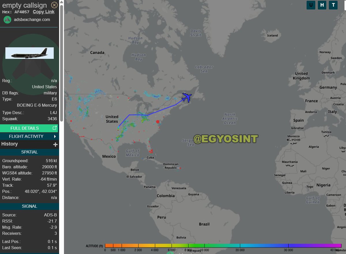 EGYOSINT's tweet photo. Wow.

A U.S. Navy E-6 Mercury has just departed the U.S. and is now heading across the Atlantic.

This aircraft functions as an airborne command post in the event of a national emergency, transmiting nuclear launch orders from the POTUS to SSBNs, ICBMs, and strategic bombers. https://t.co/Ghp37bh3VN