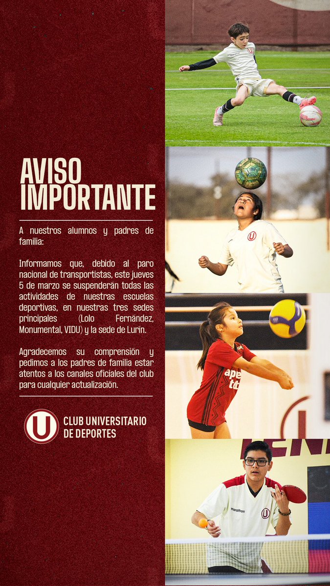 𝗔𝗧𝗘𝗡𝗖𝗜𝗢́𝗡, 𝗙𝗔𝗠𝗜𝗟𝗜𝗔 𝗖𝗥𝗘𝗠𝗔🚨‼️

Aviso importante sobre las clases en nuestras escuelas deportivas.

#EscuelasCremas #ForjadoresDeLaGarra