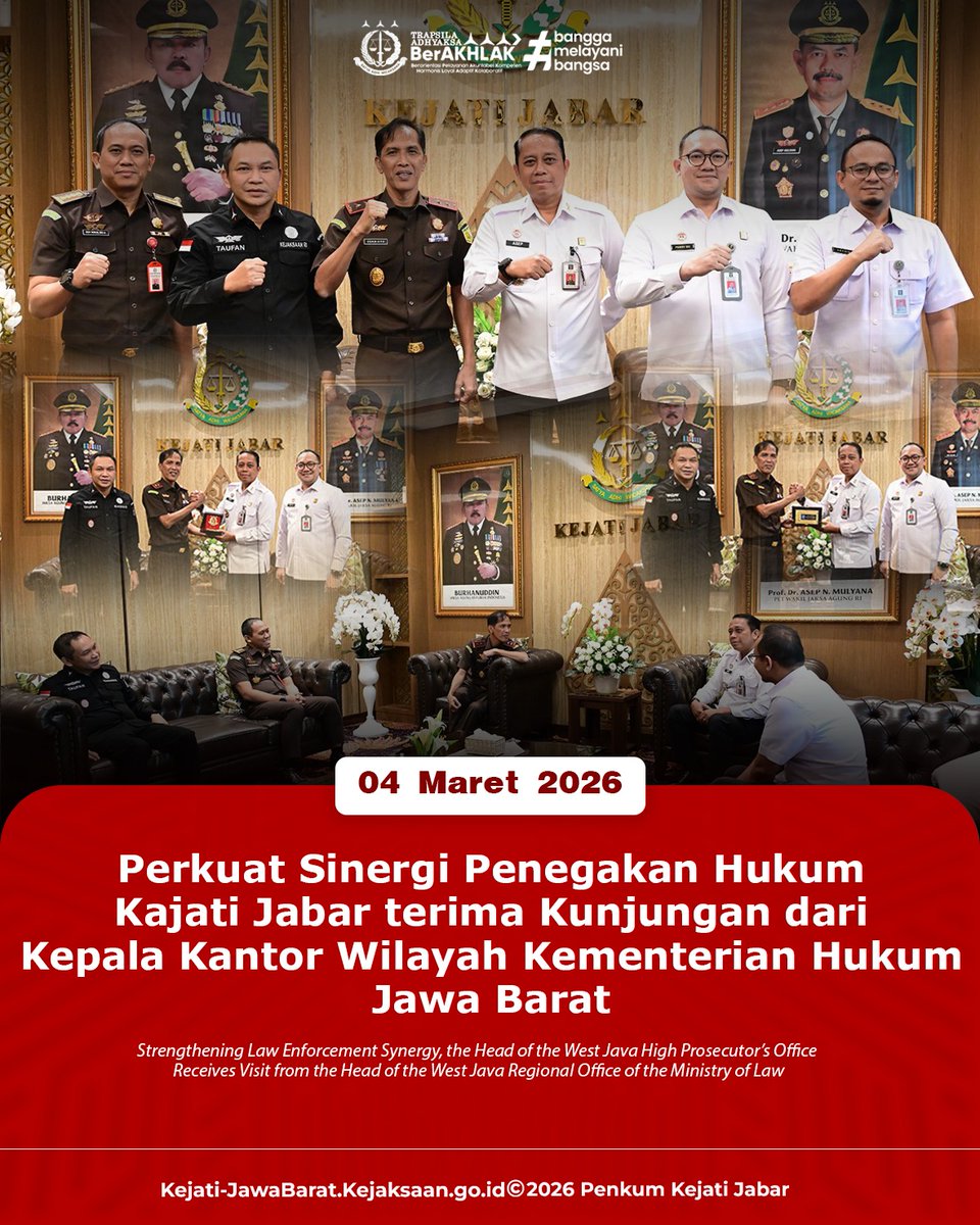 kejati_jabar's tweet image. Kajati Jabar Dr. Hermon Dekristo, S.H., M.H. menerima kunjungan dari Kakanwil Kementrian Hukum Asep Sutandar, A.Md.I.P., S.Sos., M.Si beserta jajaran (Rabu 04/03/2026).

#kejatijabar #audiensi #KakanwilKementerianHukumJabar