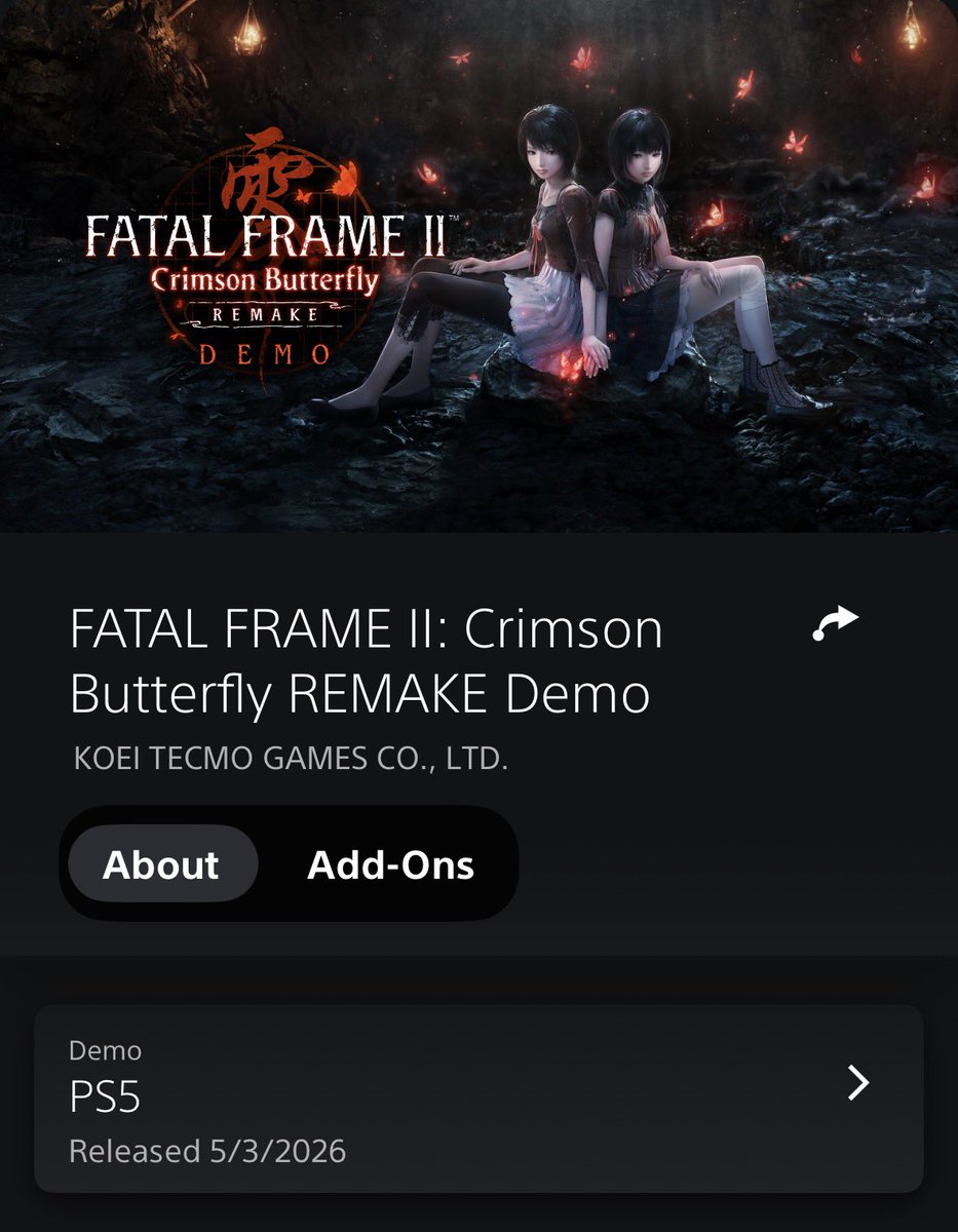 📣الديمو

توفرت الآن النسخة التجريبية
لريميك لعبة الرعب النفسي:
Fatal Frame II: Crimson Butterfly ✔️
على جميع الأجهزة 💽

🗓️اللعبة ستصدر في 12 مارس الجاري
🎮على أجهزة PS5-XS-NS2-PC