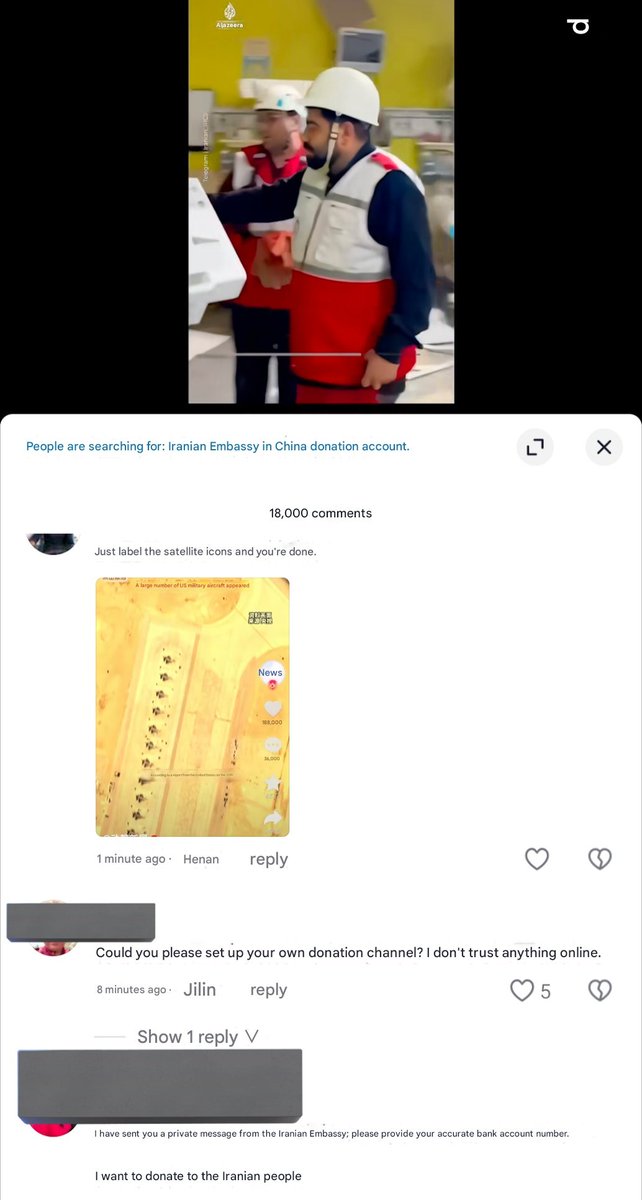 SecondRingSZN's tweet photo. Iranian consulate Douyin acct top comments are armchair generals giving tips and people asking where to donate 😭 https://t.co/TlGGHxrf6U