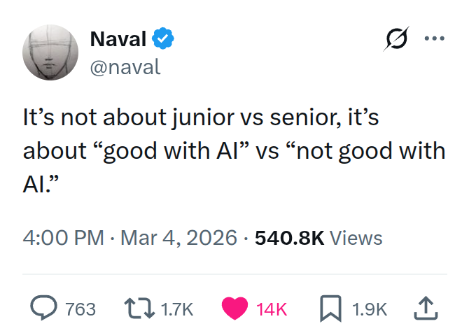 Competence is now a function of how effectively you offload cognition to silicon.

The seniority hierarchy is collapsing, intelligence is becoming commoditized and the market is brutal for those who ignore it.