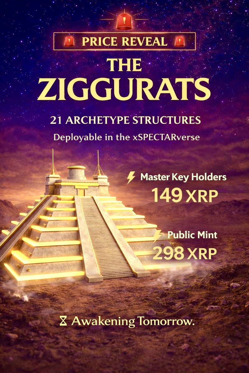 QuantumRealm_hq's tweet photo. 🚨 PRICE REVEAL 🚨

🏛️ THE ZIGGURATS

21 ARCHETYPE Structures
Deployable in the xSPECTARverse

⚡ Master Key Holders
149 XRP

⚡ Public Mint
298 XRP

⏳ Awakening Tomorrow

Some structures are built…
Others become landmarks. https://t.co/PhcxxbHddr