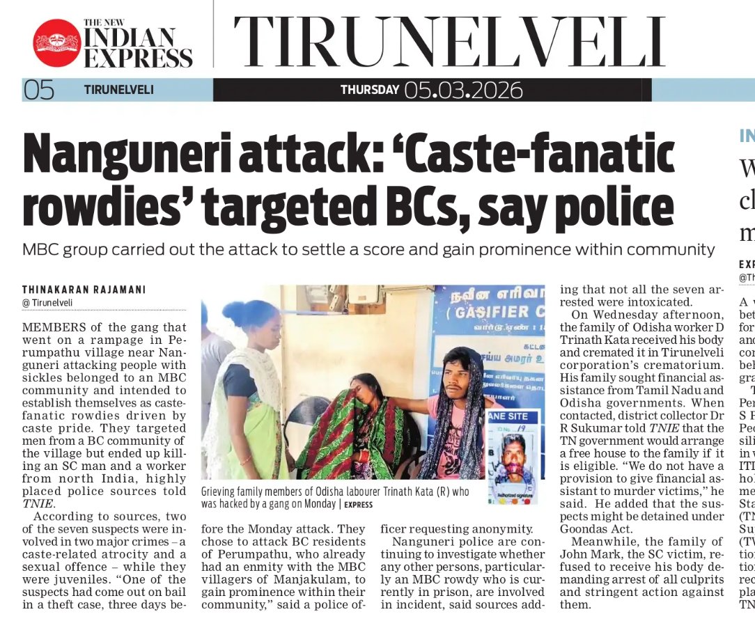 thinak_'s tweet photo. #Nanguneri Perumpathu sickle attack: The accused MBC gang allegedly intended to establish themselves as caste-fanatic rowdies driven by caste pride. They targeted BC men but ended up killing an SC man &amp; a North Indian migrant worker.
#CasteAtrocity #CastePride #CasteViolence https://t.co/TglBb5HEX7