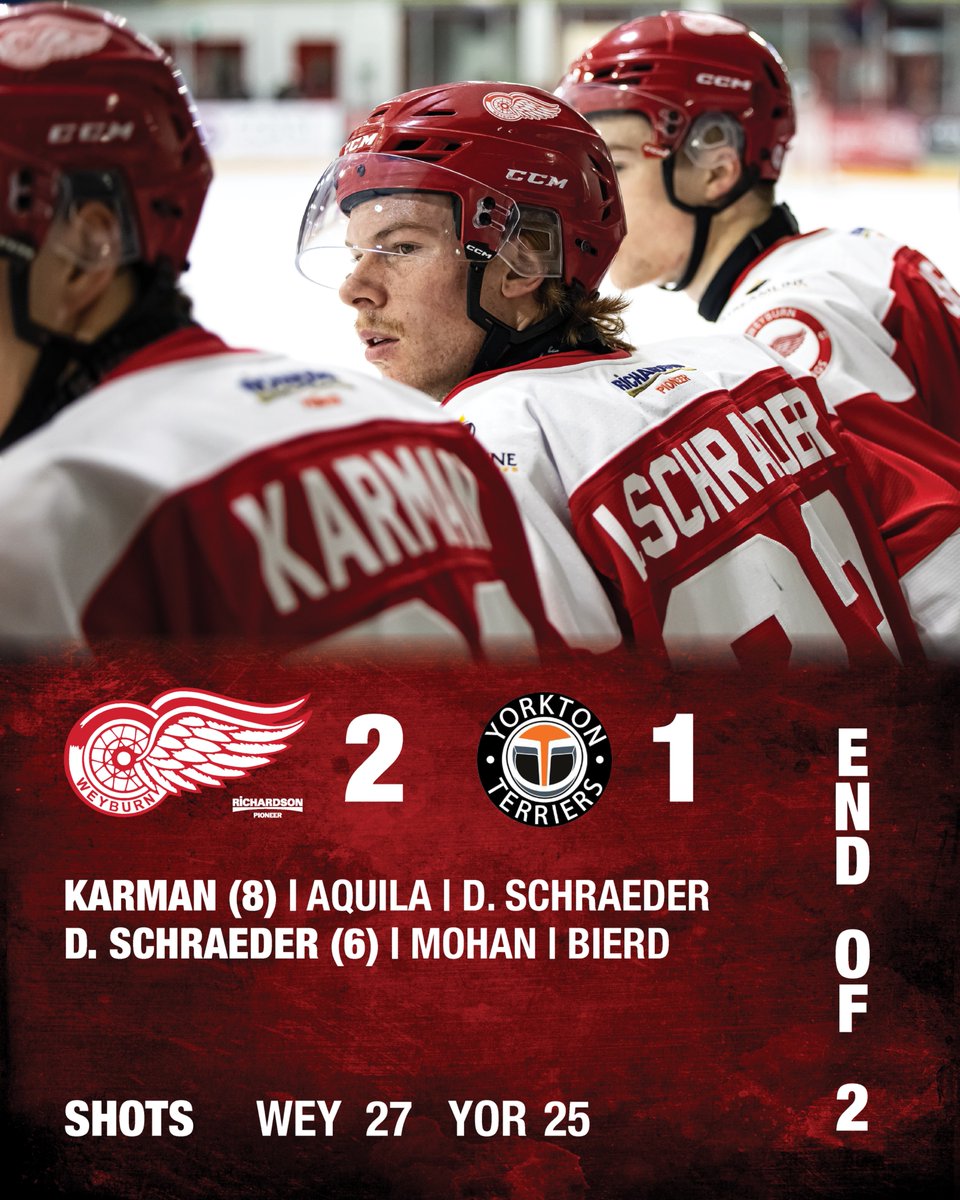weyburnredwings's tweet photo. 2️⃣ We take the lead after two!
🚨 KARMAN (8) 🍎 AQUILA 🍎 D. SCHRAEDER
🚨 D. SCHRAEDER (6) 🍎 MOHAN 🍎 BIERD
📸 Highway 39 Photography
#WeyburnRedWings #SJHL #SecondPeriod https://t.co/zgRlEwdzkA