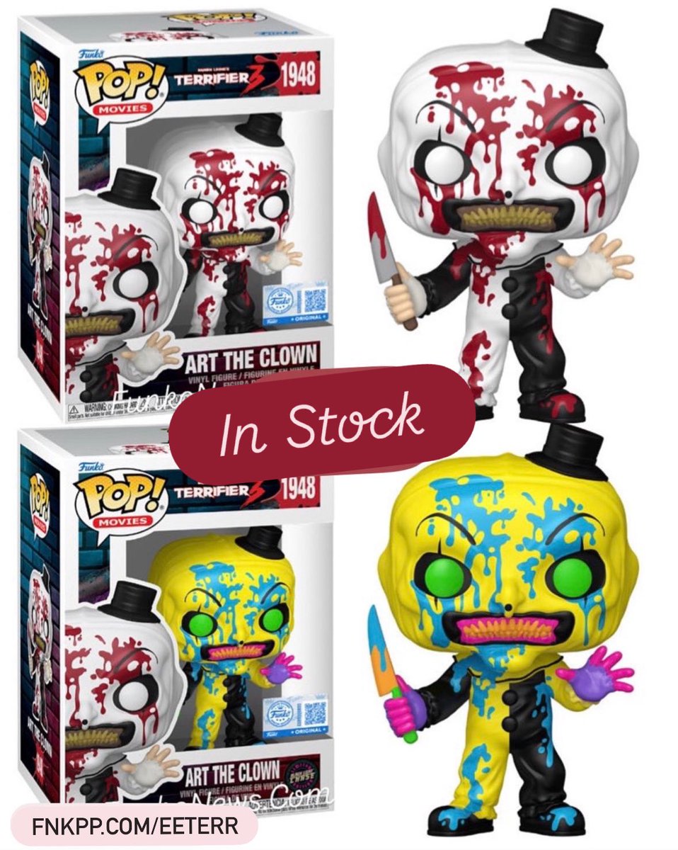 FunkoPOPsNews's tweet photo. In stock! EE Exclusive Bloody Art the Clown Funko POP! 🤡 With Blacklight Chase! Free shipping on $79+ 

   Linky  ~ https://t.co/3zEfLIBrol

Note ~ order 6 to get a case with chase

#Ad #FunkoPOPNews #Funko #FunkoPOP #Terrifier #ArtTheClown https://t.co/vZt4WuAbbX