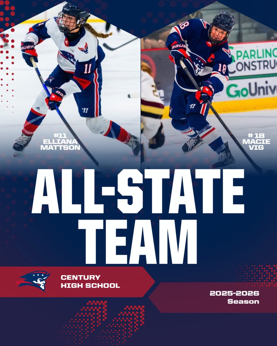 PatsGirlsHockey's tweet photo. Congratulations to Freshman Forward Elliana Mattson and Sophomore Forward Macie Vig on being selected by ND High School Coaches to the 2025–26 Girls All State Hockey Team!🏒🇺🇸💯 https://t.co/2tC1CXUGFG