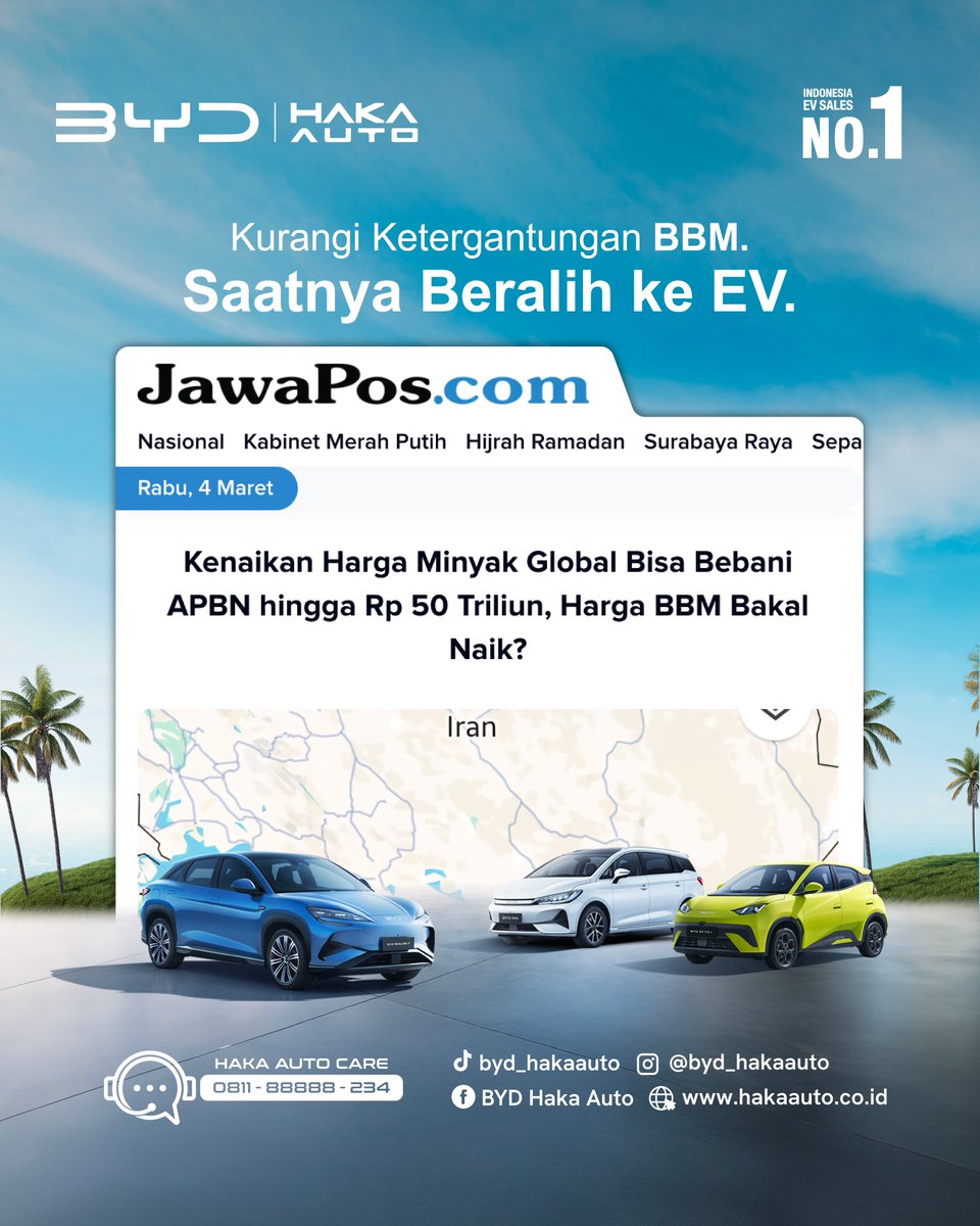 BYD_HakaAuto's tweet photo. Harga BBM naik lagi? 👀
Saatnya mulai langkah kecil yang lebih bijak dengan mengurangi ketergantungan pada BBM.

Daripada Kawan Haka pusing tiap ada kabar kenaikan harga BBM, kenapa nggak sekalian beralih ke EV di BYD Haka Auto?
#BYD #BuildYourDreams #BYDHakaAuto #ElectricVehicle https://t.co/JqBCUF3X1e