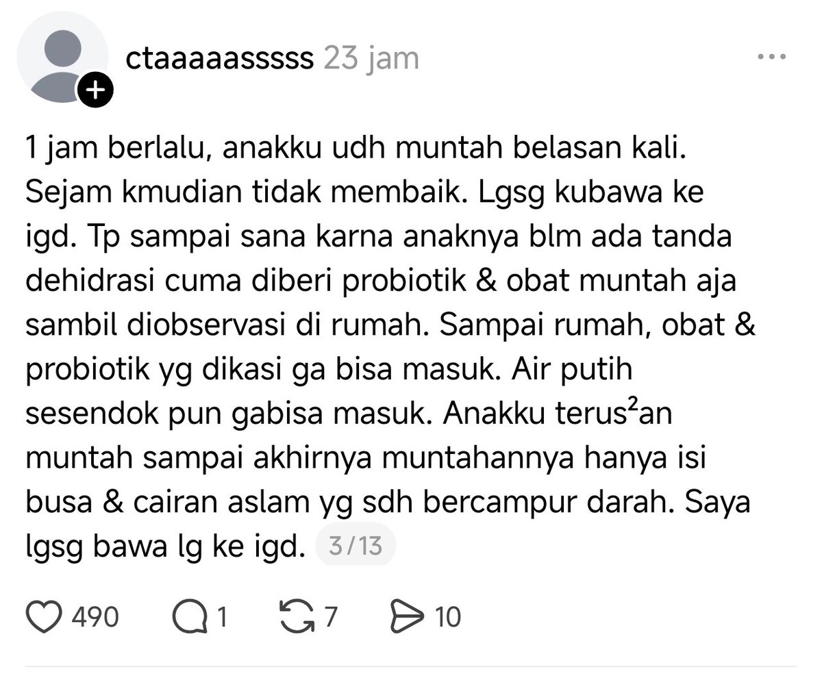 ⚠️ Kabar Keracunan Embege!! ⚠️

Simak baik-baik cerita ini: Seorang Ibu di Threads menceritakan anaknya diduga mengalami keracunan MBG dengan gejala yang cukup memprihatinkan. Muntah hingga belasan kali sampai dehidrasi.

Sang Ibu juga menceritakan, keluarganya sempat mendapat
