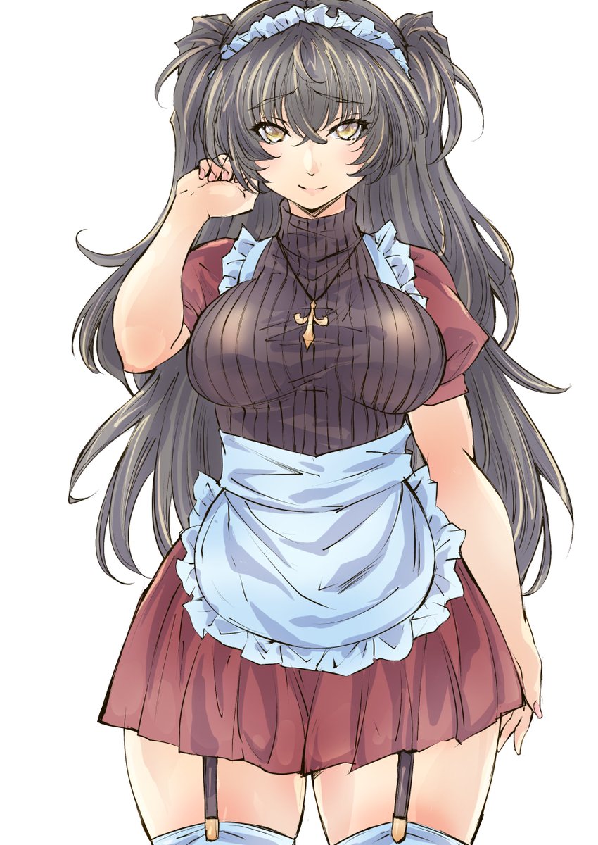 朝起き抜けで思いついた黒髪お嬢様風ヘア金目縦縞ニットガターベルト赤色メイドです。 