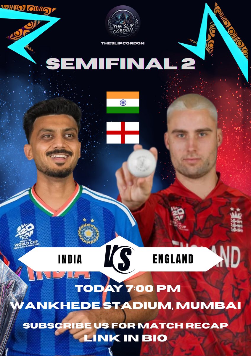 the_slipcordon's tweet photo. 🏏 SEMIFINAL 2 –
🇮🇳 India vs 🏴 England
📍 Wankhede Stadium, Mumbai
⏰ Today | 7:00 PM
Who are you backing? 👀
🔥 Drop your predictions below!
Follow us for the match recap.
#INDvsENG #Semifinal #Cricket #TeamIndia #EnglandCricket #CricketFans #Wankhede #MatchDay #TheSlipCordon https://t.co/uPaI5M3eF8