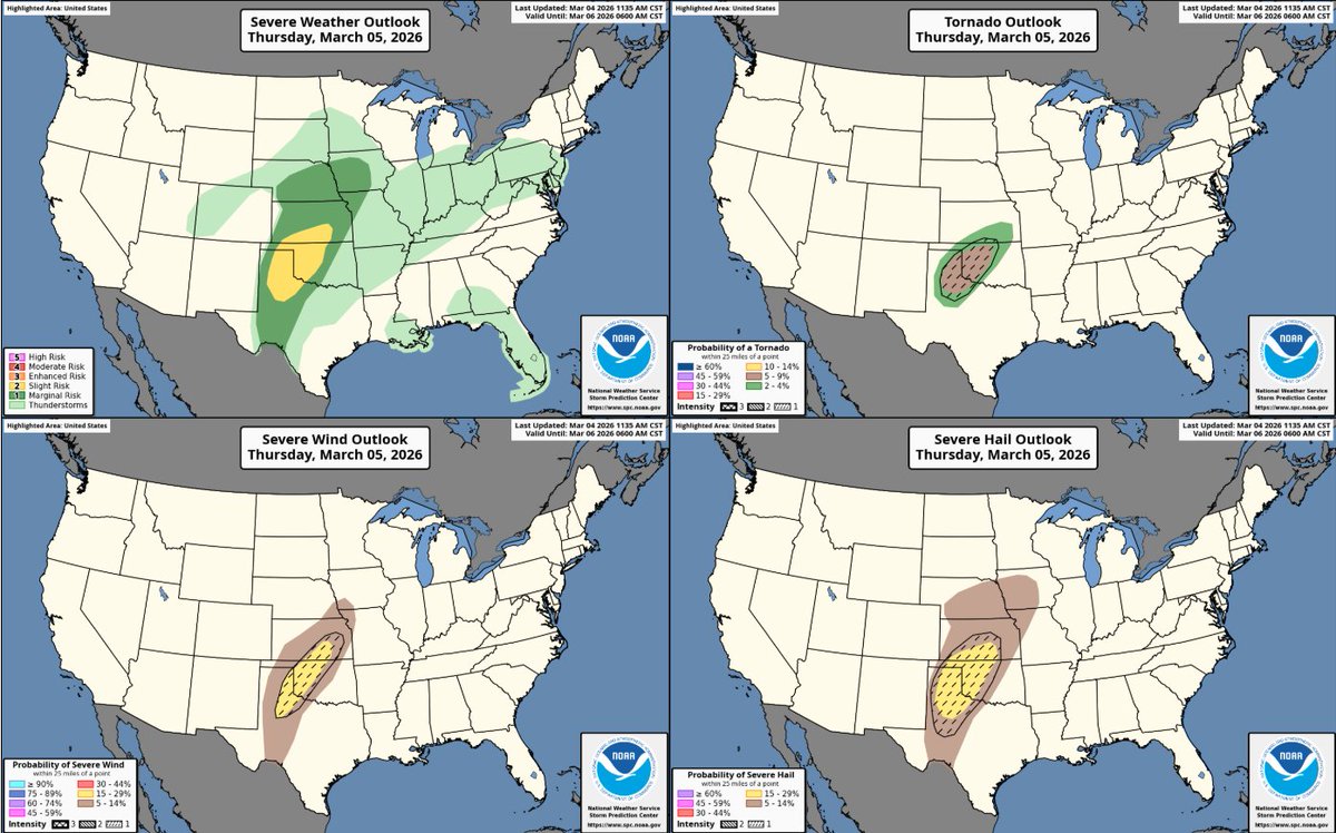 Tomorrow 3/5/26- Slight risk of severe weather A few tornadoes ...