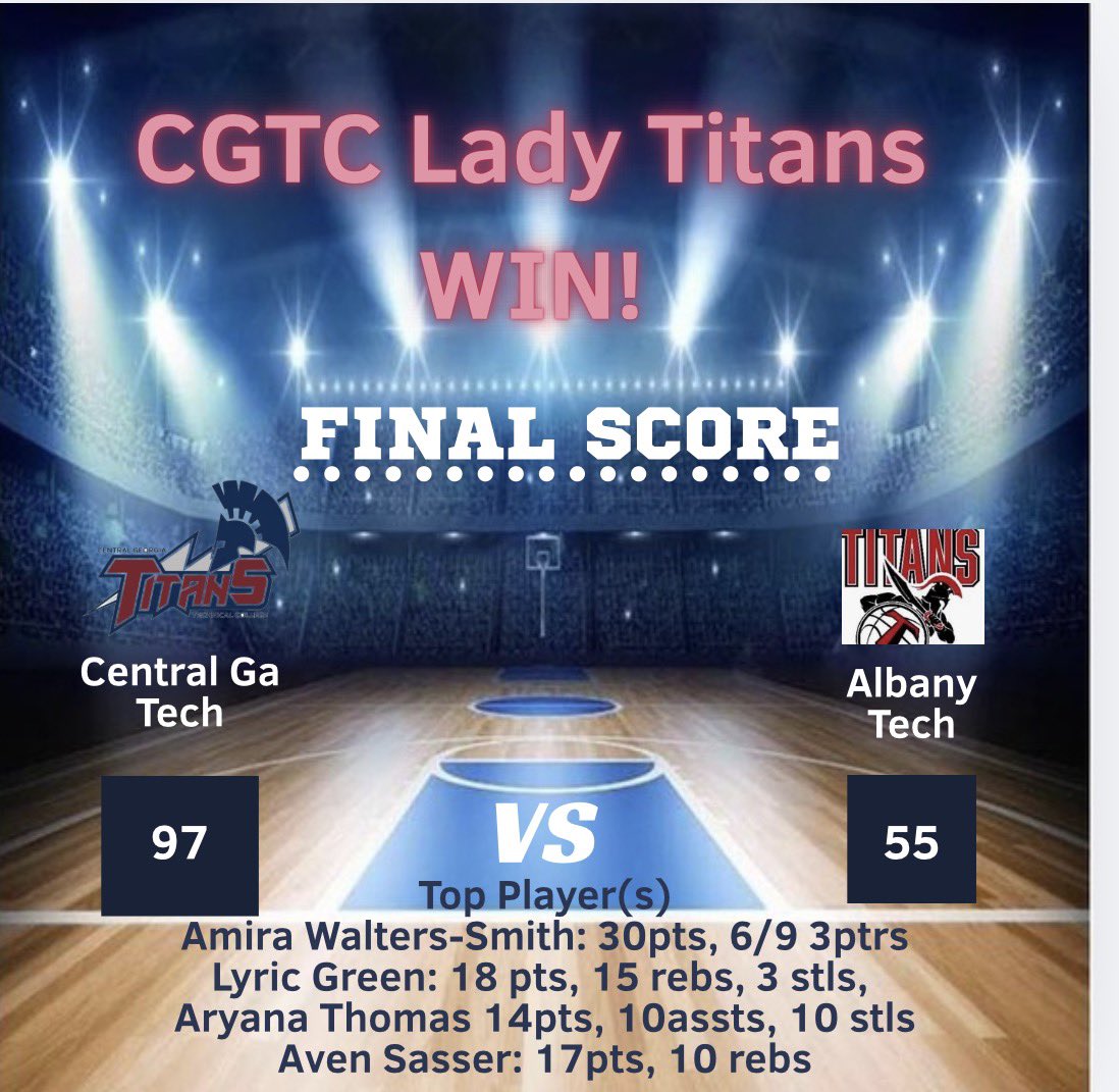 Great team win on the road tonight @ Albany Technical College! One more regular season game left, this Saturday @ East GA. Super proud of my ladies! 
#AlwaysWe
<a href="/coachgenehill/">Gene Hill</a> <a href="/CoachTiber/">Missy Tiber</a> <a href="/CoachB_Freeman/">Blessing Freeman</a> <a href="/ISlaughter_23/">Ivey Slaughter</a> 
<a href="/walters_amira/">Amira Walters-Smith</a> <a href="/25Lyric/">Laterria “Lyric” Green #23</a> <a href="/Avensasser2024/">Aven Sasser</a> <a href="/aryanathomas23/">Aryana Thomas</a>