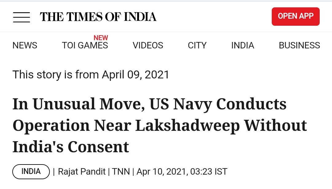 DivyaSoti's tweet photo. In 2021, the US Navy violated Indian EEZ  by conducting a millitary operation in the vicinity of Lakshadweep. When India objected, US Navy said that Operation was conducted to challenge India's "excessive maritime claims". US has not ratified the United Nations Convention on the Law of the Sea (UNCLOS). India has.  The UNCLOS required prior consent of the state in whose EEZ military exercise or manoeuvers are to be undertaken. So does India's domestic law. So, the US Navy conducted a military operation to flout the UNCLOS and Indian law and proudly declared that. So, arguments about where Iranian Frigate IRIS Dena was torpedoed is not going to save our own ship. It is not about nitty grities of international law. The United States of today does not believe in any international law or norms. It is in international confrontation with UK and Mauritius over Chagos Island military base where it is pressurising UK to disregard International Court of Justice ruling declaring occupation of Chagos as illegal. It is all about US hegemony. Tomorrow, it may start demanding Lakshadweep. What will be your argument then? Do not open doors for strategic enslavement and encirclement of India.