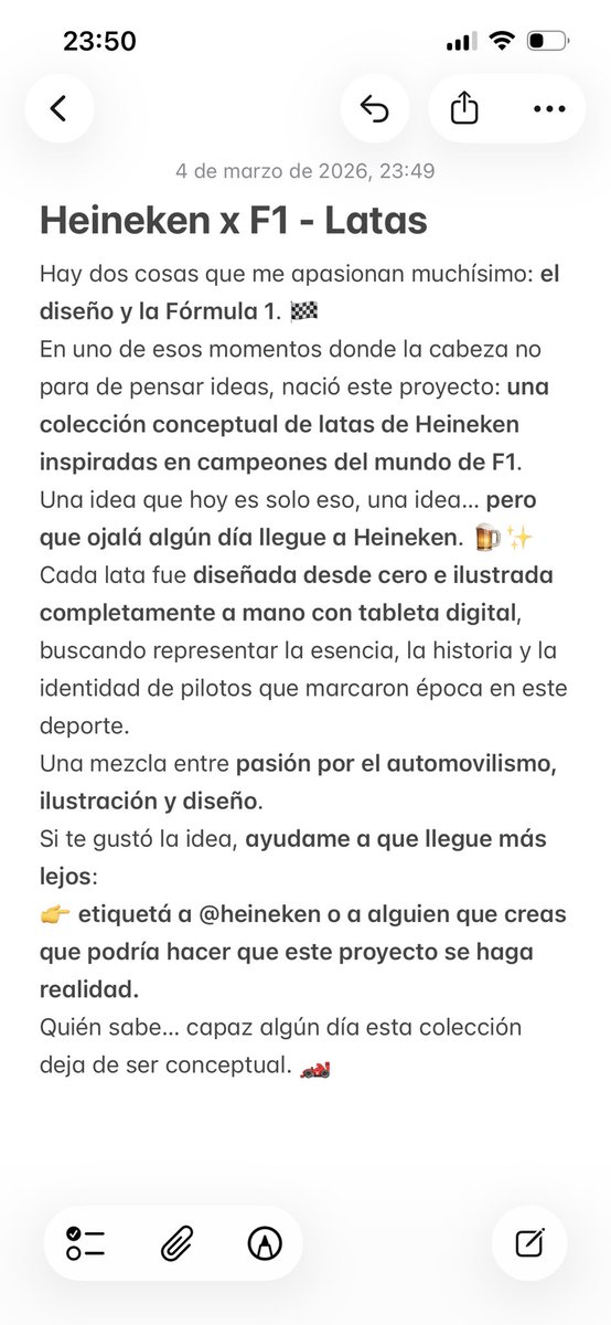 Hola <a href="/Heineken__Ar/">Heineken Argentina</a> <a href="/Heineken/">Heineken</a> soy una simple diseñadora gráfica y apasionada por la f1, que en un momento de locura, ideó esta colección. 

No es más que un idea conceptual, esperando que pronto sea algo real ✨

#f1 #heineken #FrancoColapinto