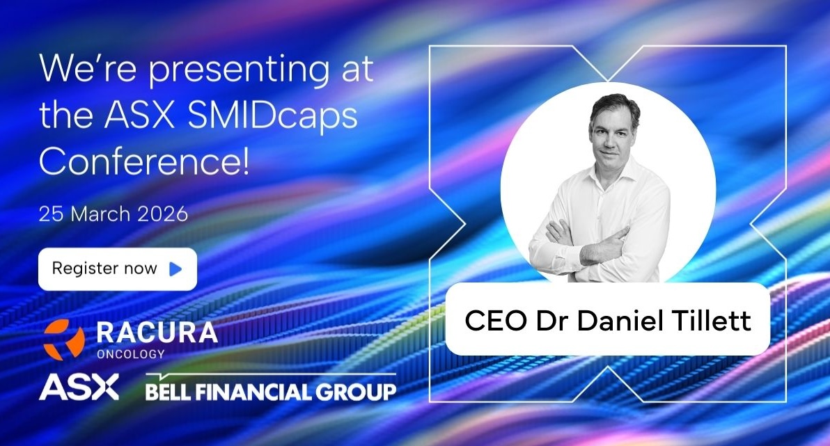 RacuraOncology's tweet photo. @RacuraOncology ($RAC) CEO Dr Daniel Tillett has been invited to present at the upcoming @ASX SMIDcaps Conference on Wednesday 25th March! Register here for more information: https://t.co/1QTUvE1DxB
#ASXSMIDcaps #biotechinvesting #ASXbiotech https://t.co/WDHE9cCDHm
