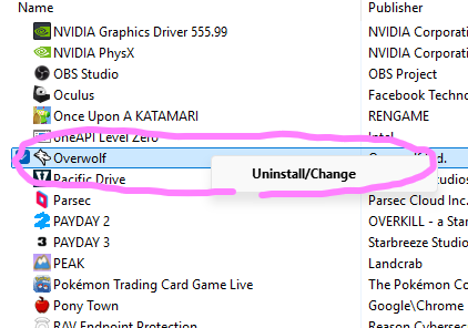 SpookySodaz's tweet photo. tip for anyone wanting to totally delete overwolf:
for windows, go to ur searchbar and put in appwiz.cpl, open the program that shows up . it'll show ALL of your downloaded programs, from here right click on curseforge/overwolf and hit uninstall https://t.co/6O9Jutll1A