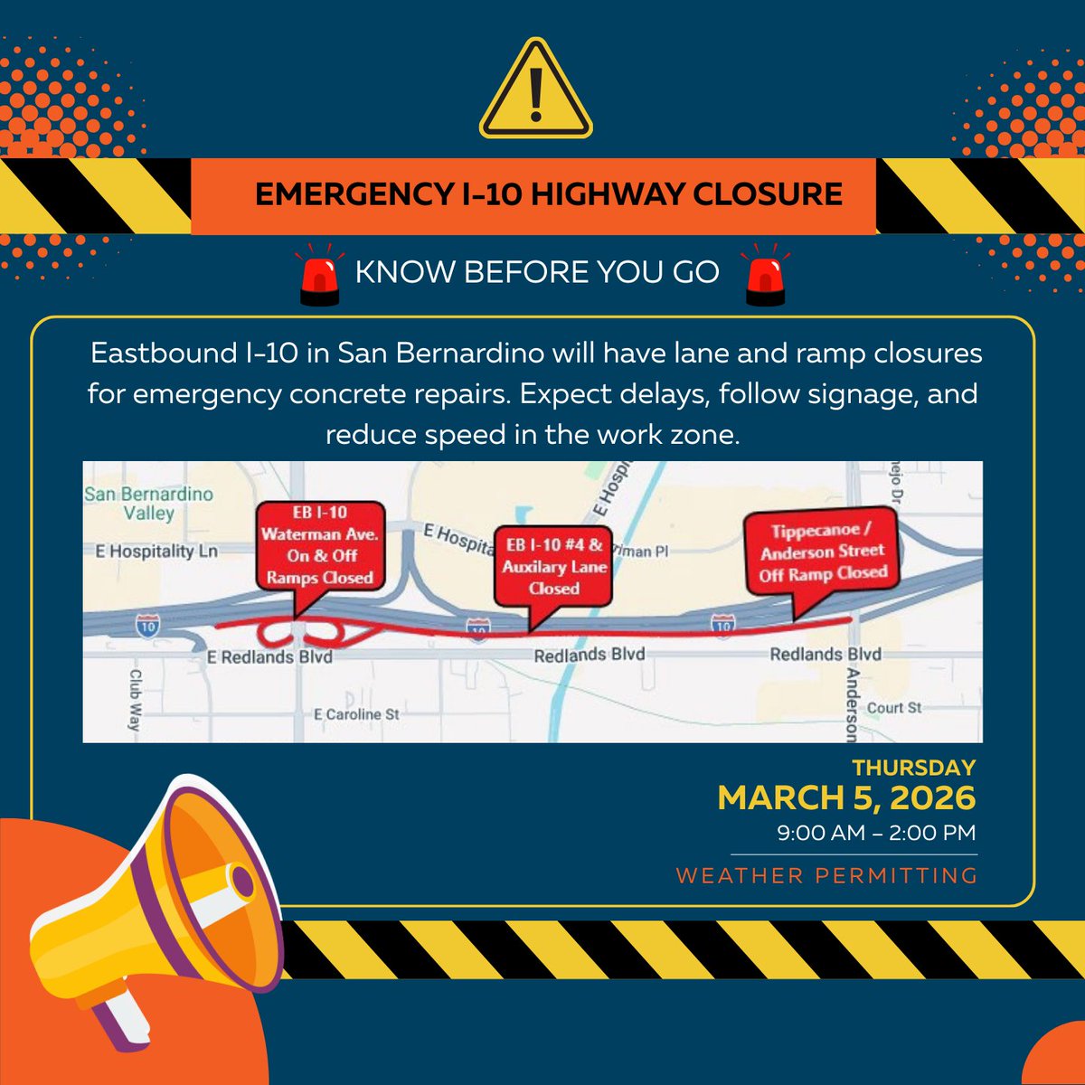 KNOW BEFORE YOU GO: I-10E in San Bernardino will have lane &amp; ramp closures for emergency concrete repairs - Thurs, 3/5/26 - 9 AM to 2 PM, weather permitting. Expect delays, follow signage, &amp; reduce speed in the work zone. CalTrans live alerts: na2.hubs.ly/H044C-C0. @caltrans8