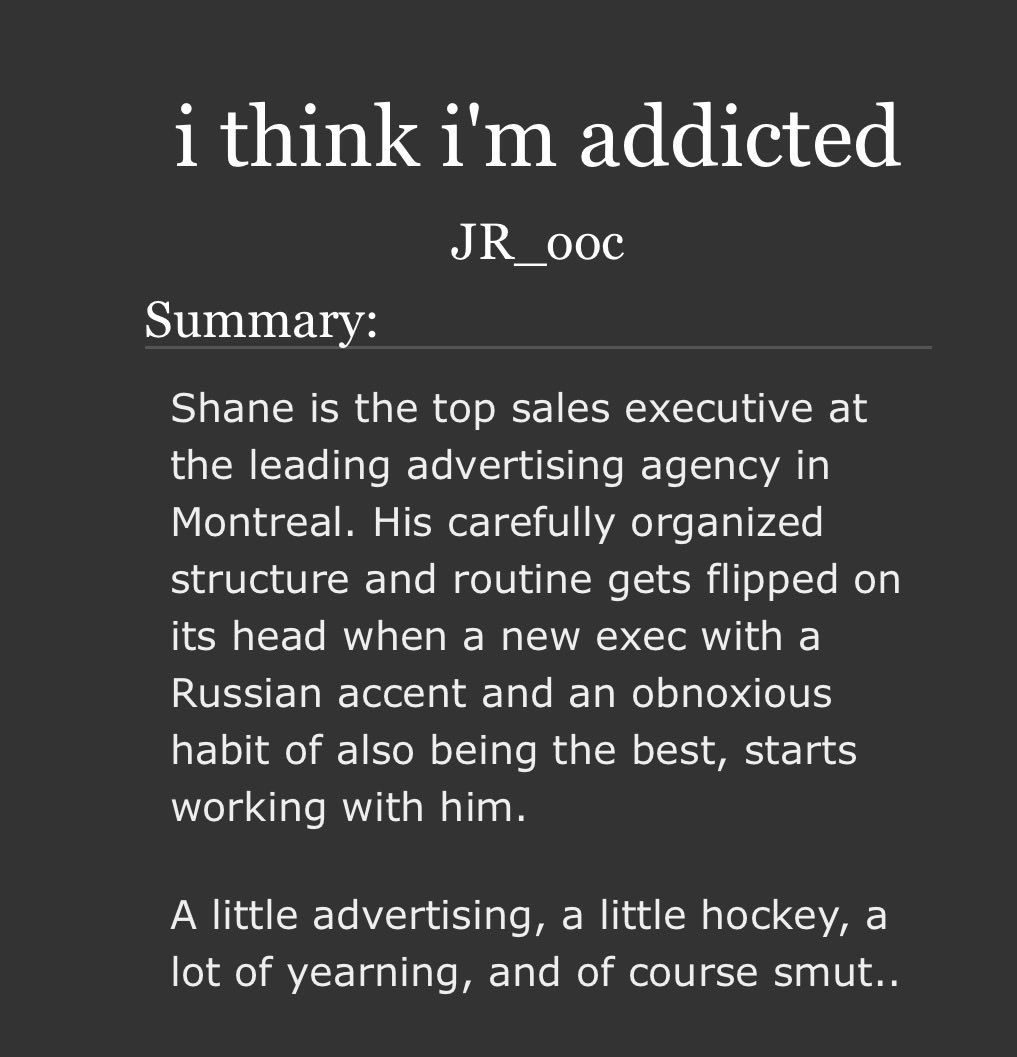 _jrooc's tweet photo. an AU where Shane and Ilya are rival Advertising Execs. Chapters weekly.
https://t.co/iegj155c85

#heatedrivalry #hollanov #fanfiction https://t.co/Q9I6VyPBrs