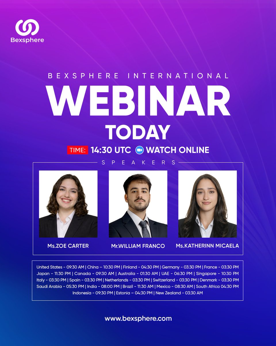 bexsphere's tweet photo. Bexsphere International Webinar is live today at 14:30 UTC. Join global experts and discover the future of smart finance. Watch online. 🌍

#Bexsphere #GlobalWebinar #CryptoFuture https://t.co/KryTGluPLU