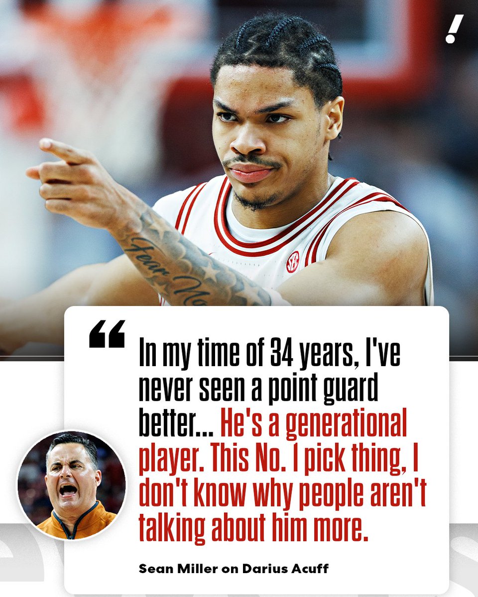 Texas head coach Sean Miller has Arkansas guard Darius Acuff Jr. in the No. 1 pick conversation 🤝