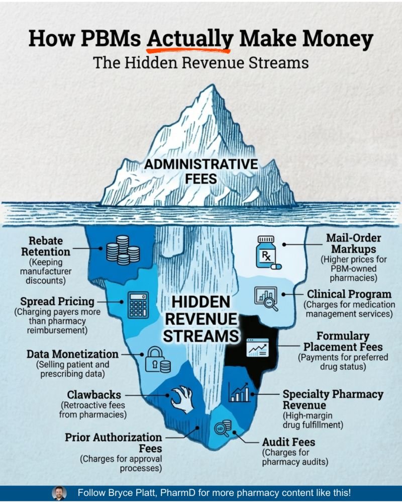 From Bryce Platt, PharmD:
Most people think PBMs just adjudicate pharmacy claims (if they know what a PBM even is).
Here's how they actually make money
linkedin.com/posts/brycepla…