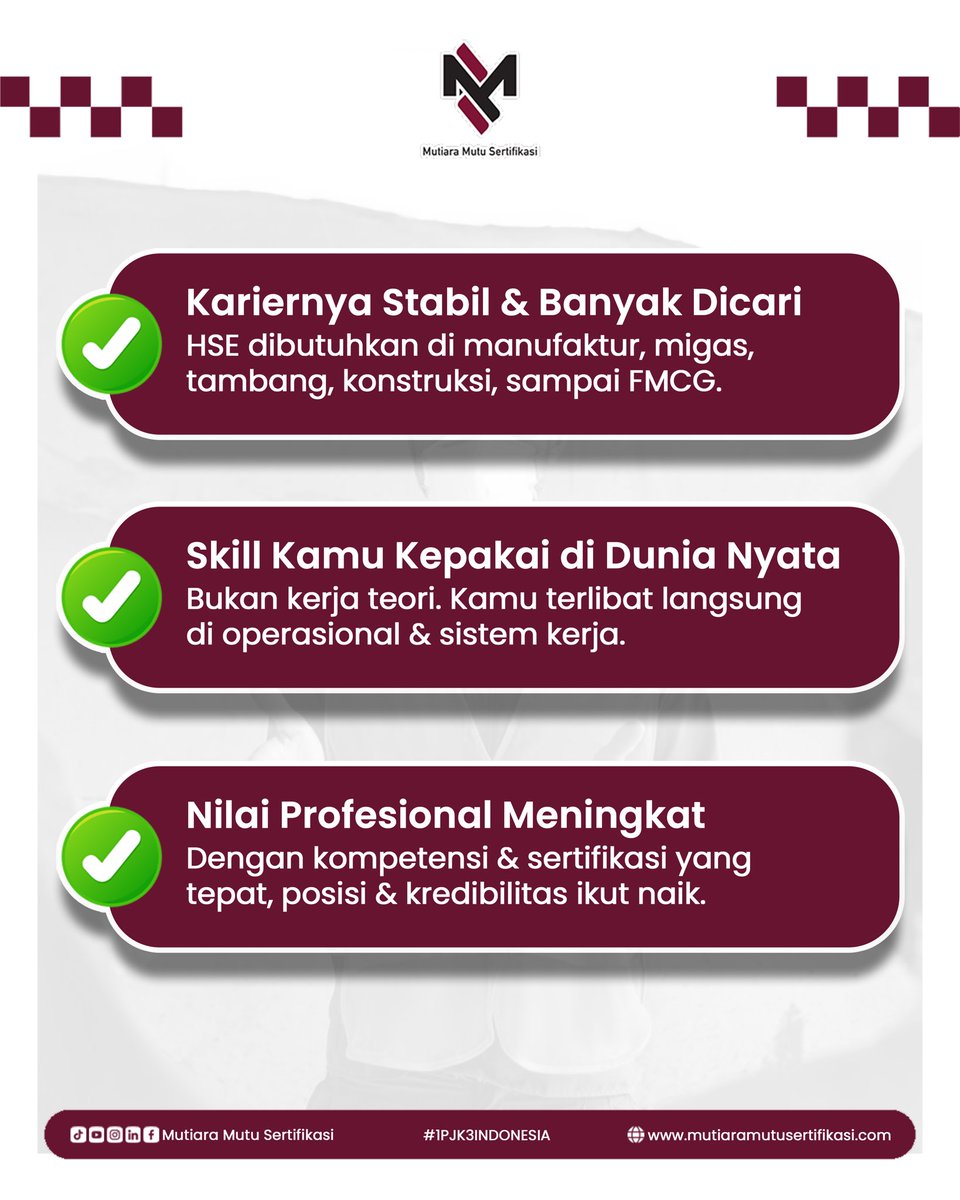 MutiaraMutuOFC's tweet photo. Bosan kerja yang gitu-gitu aja dan ngerasa value kamu gak naik? 🛑

Mungkin ini saatnya kamu lirik karier di bidang HSE!

Yuk, cek alasannya kenapa HSE layak banget kamu pertimbangkan tahun ini di slide! 👇🏻

#MutiaraMutuSertifikasi #1PJK3Indonesia #KarierNaikLevel #HSEOfficer https://t.co/zedahKlqOM