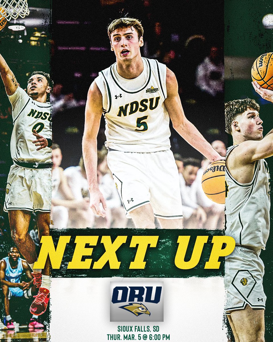 NDSUmbb's tweet photo. Tomorrow's match-up is set!

📅: Thursday, March 5
🆚: Oral Roberts
⏰: 6:00 PM CT
📍: Sioux Falls, SD
🏟️: Denny Sanford PREMIER Center
🏆: https://t.co/iF2akqLO10

#GoBison 🤘 https://t.co/zfSzC6nUzs