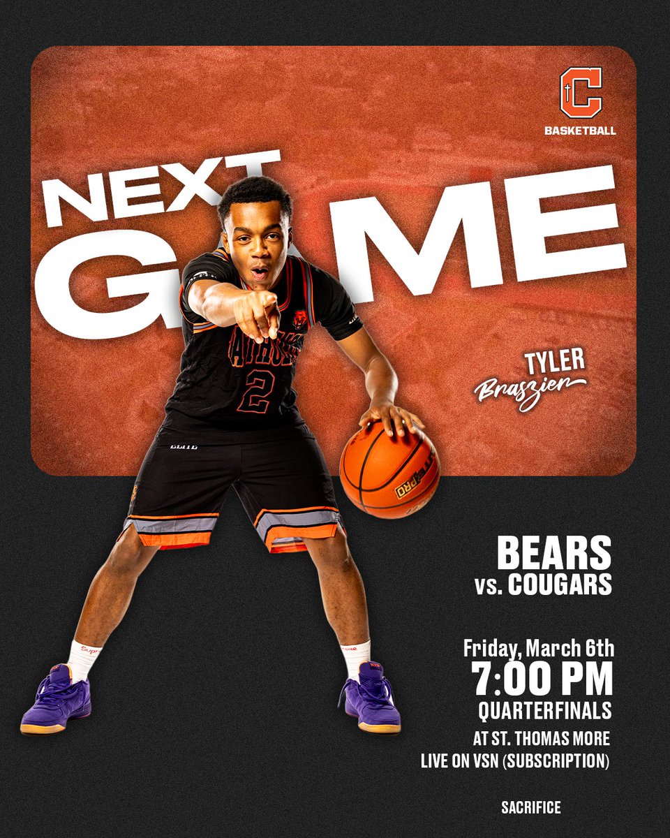 CHSBRAthletics's tweet photo. Friday, @CHSBRhoops travels to the Cougar Dome to take on St. Thomas More with a trip to Lake Charles on the line! Tip-off is set for 7 PM. Tickets are available on GoFan. Use the code CHSBR. 

https://t.co/E8OL28ramg

The game will also be broadcast live on VSN but WILL REQUIRE a subscription to watch.