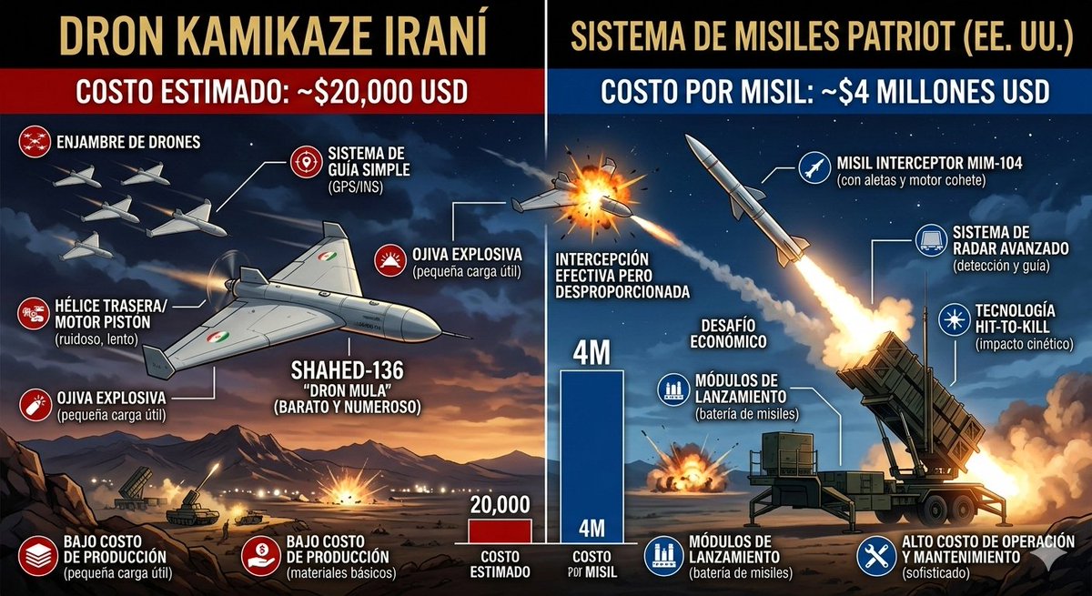 Monteria_Humana's tweet photo. El dilema que enfrenta #EEUU frente a #Irán en la guerra que están librando en Medio Oriente. 
​EE.UU. enfrenta una crisis logística sin precedentes: el uso de misiles Patriot de $4 millones de dolares para derribar drones iraníes de apenas $20 mil dolares. https://t.co/MvBSYdUzyQ