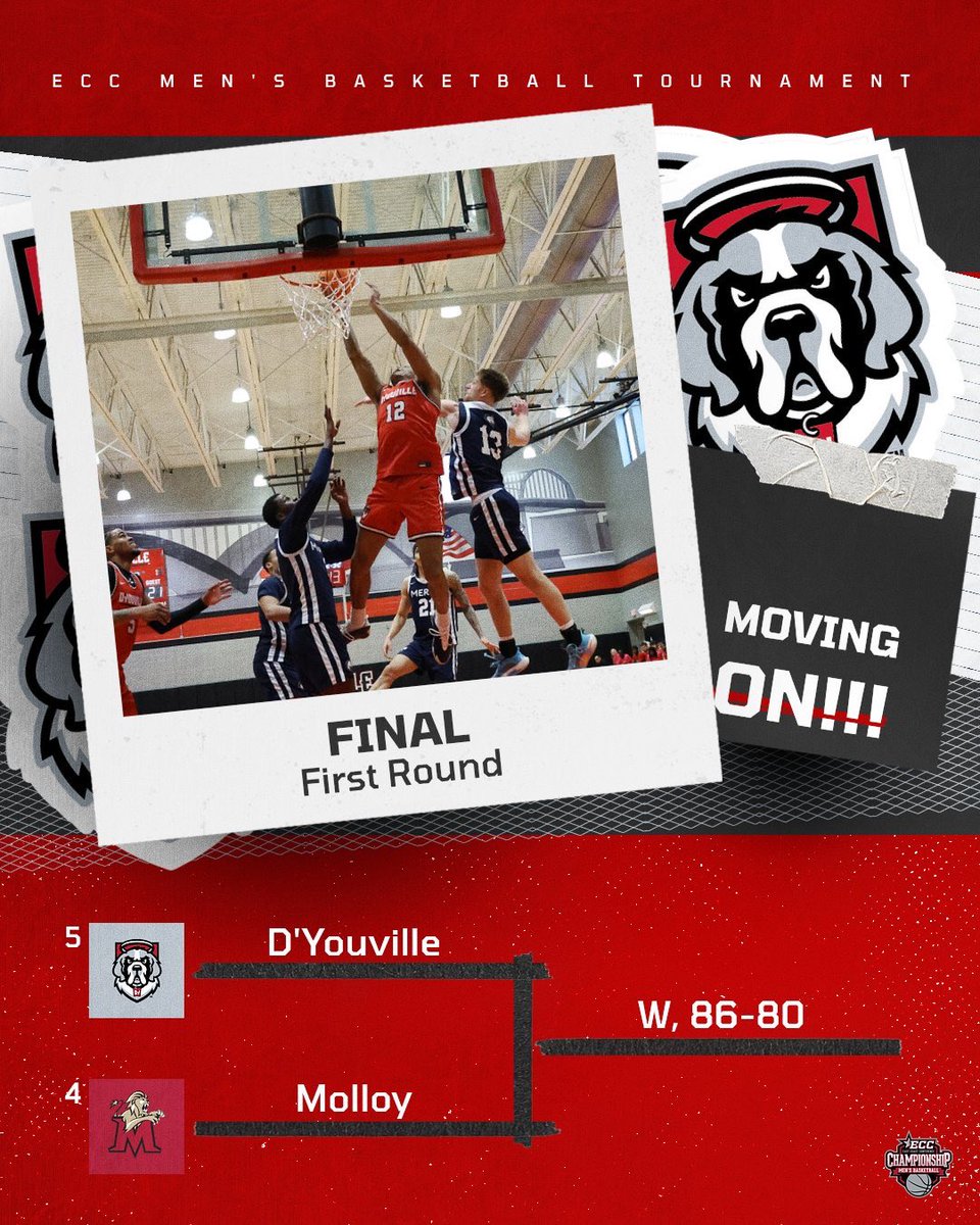 MOVING ON‼️

In their ECC Men’s Basketball Tournament debut, the D’Youville University men’s basketball team held off No. 4 Molloy University and will advance to the semifinal game this Saturday against No. 1 Daemen University at 5:00pm! 🐶🏀 #GoSaints #FeedTheDawgs