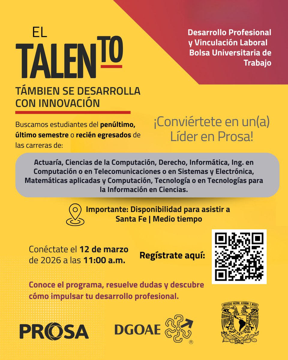 ButDGOAE's tweet photo. #ComunidadUNAM La BUT UNAM y PROSA te invitan a integrarte a su equipo. ¡Conviértete en un(a) Líder en Prosa y potencia tu desarrollo profesional!
​💻 Sesión informativa: Conoce el programa, resuelve tus dudas y descubre cómo participar.
​📲Registrate en:https://t.co/Z87LFB0rGz https://t.co/gYXHVtgQ0U