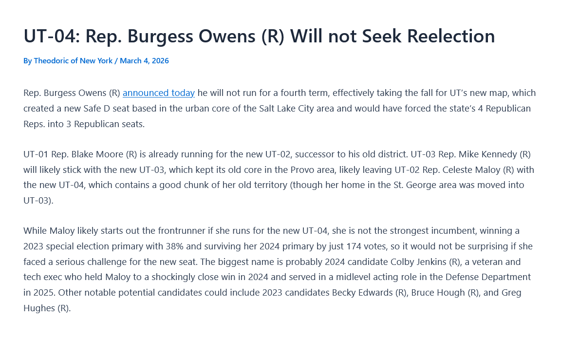 RRHElections's tweet photo. As expected, #UT04 Rep. Burgess Owens (R) will not seek re-election, solving the game of musical chairs with Utah's 4 GOP incumbents and the new Safe D #UT01 seat. We analyze the implications here: https://t.co/hJuBYO4n1u https://t.co/uoVYstYP6k