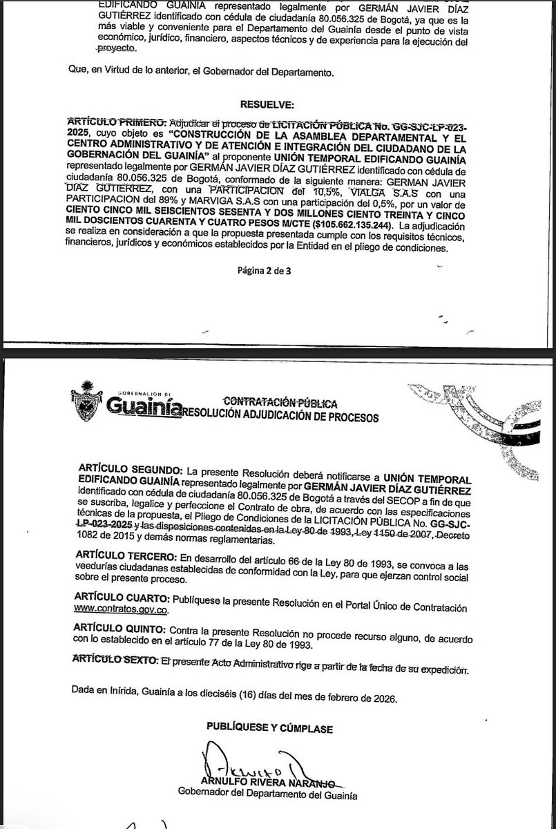 Atentos. La Gobernación del Guanía <a href="/guainia_gober/">Gobernación Del Guainía</a> acaba de entregar un contrato de $105 MIL MILLONES ($105.000´000.000) para construir un edificio para la Asamblea y atención al ciudadano, una licitación con un solo proponente adjudicada justo en campaña electoral. 
El más feliz