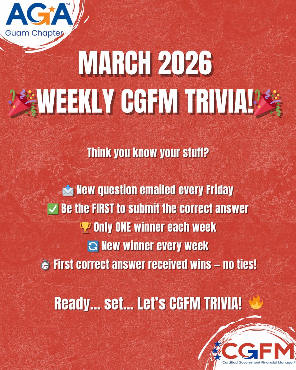 agaguamchapter's tweet photo. Are you ready for…March 2026 Weekly CGFM Trivia?!

📩 New question emailed every Friday! https://t.co/Nlnan5lPKj