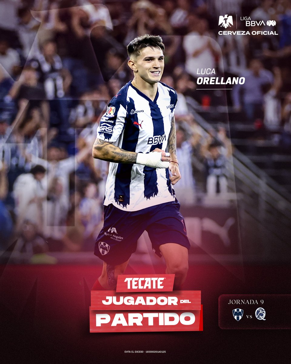 LigaBBVAMX's tweet photo. ¡Noche redonda para Luca Orellano! 😎Ⓜ️

Doblete, asistencia y obvio el #TecateJugadorDelPartido. 🎖️

@CervezaTecate | #TecatePorTi | #MTYQRO https://t.co/ckeH5HQGtn
