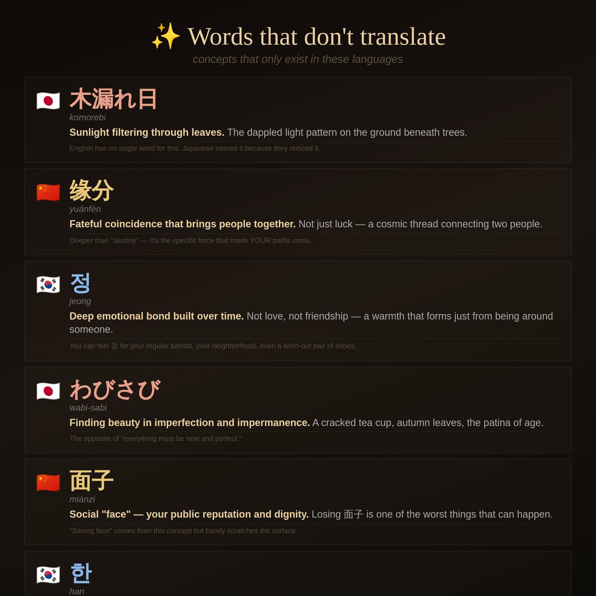 khonsteria's tweet image. ✨ 木漏れ日 sunlight filtering through leaves. Japanese has a word for it. English doesn't. Some feelings need a whole culture to express. khonsteria.com #untranslatable #language #culture #beautiful #words