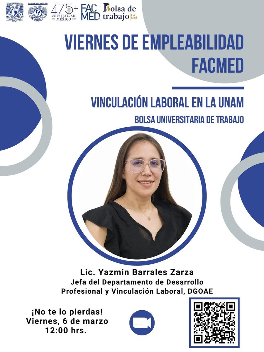 ButDGOAE's tweet photo. #comunidadFACMED
​🧐📈 La Bolsa de Trabajo de la FACMED y la BUT DGOAE te invitan al: "Viernes de Empleabilidad FACMED". No pierdas la oportunidad de conocer las herramientas de vinculación laboral que la UNAM ofrece para impulsar tu carrera.
📲 Acceso: https://t.co/f7pwbDy0s7 https://t.co/WMVMDkY5LD
